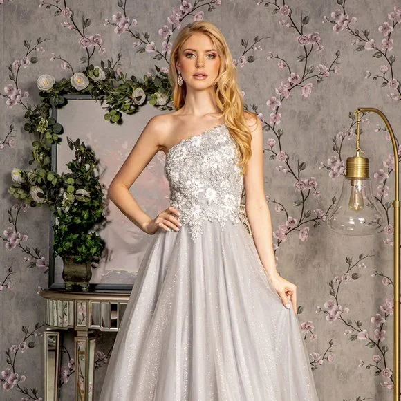 NEW LONG A-LINE SLEEVELESS MESH BEADED DRESS WITH ONE SHOULDER NECKLINE GL3384